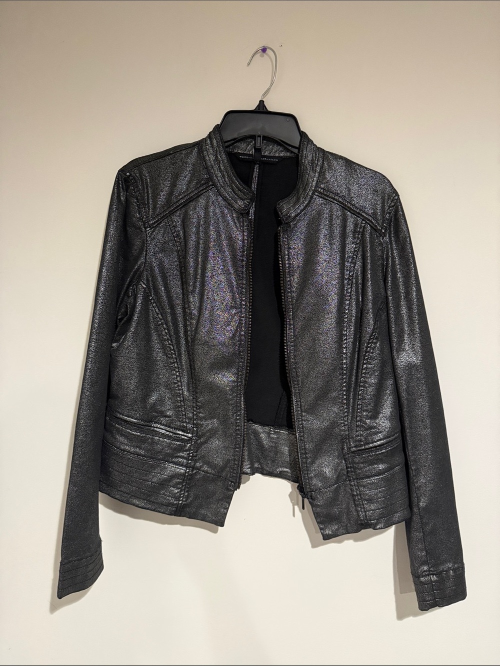 White House Black Market Shimmery Black Faux Leather Zip Jacket